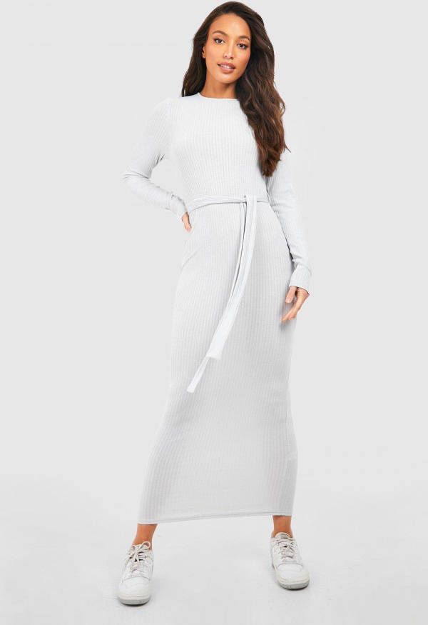 boohoo Tall Zachte Midi Jurk Met Ceintuur, Crewneck En Lange Mouwen, Silver Grey