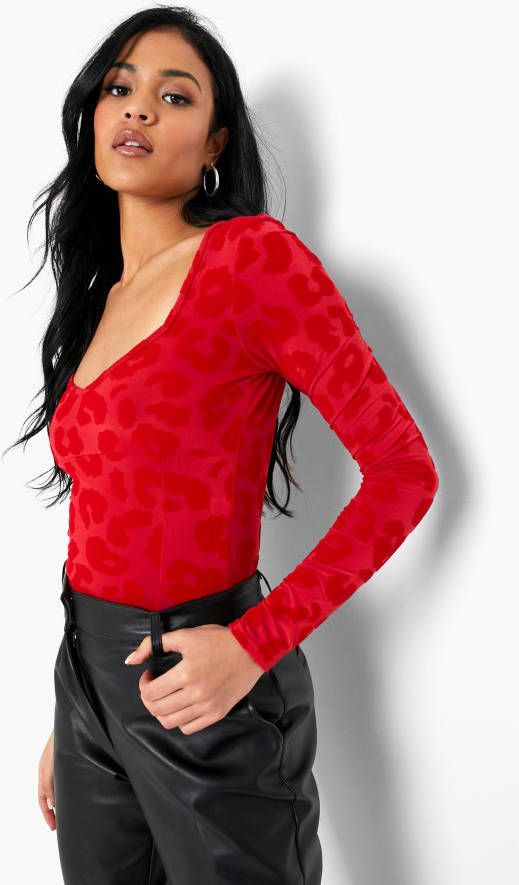boohoo Tall Zwart Luipaardprint Devore Met Halter Neck One Piece, Red