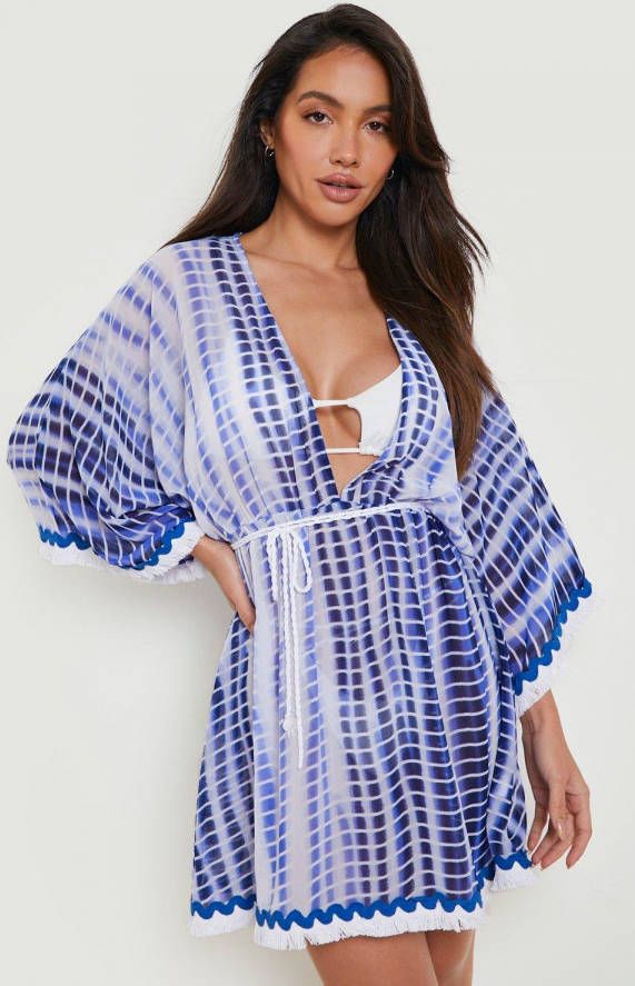 boohoo Tie Dye Strand Jurk Met Kwastjess En Touwen Ceintuur, Blue