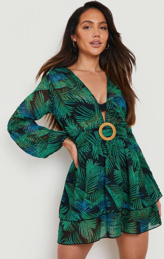 boohoo Tropische Strand Jurk Met Laag Decolleté, En Riem, Green