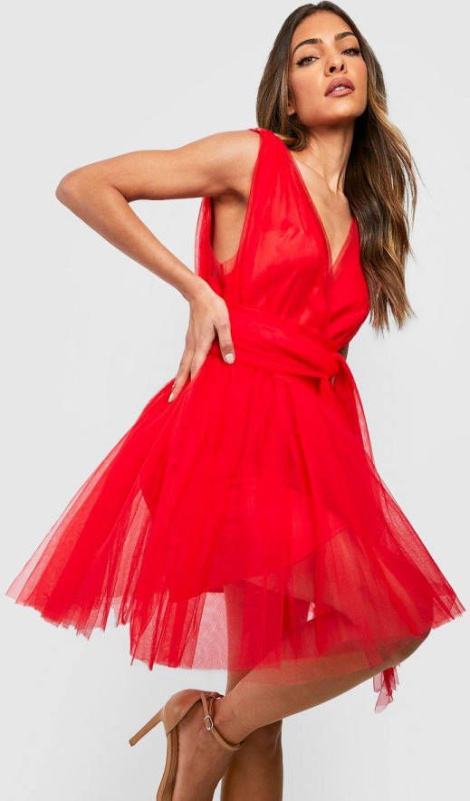 boohoo Tule Skater Jurk Met Laag Decolleté,, Red