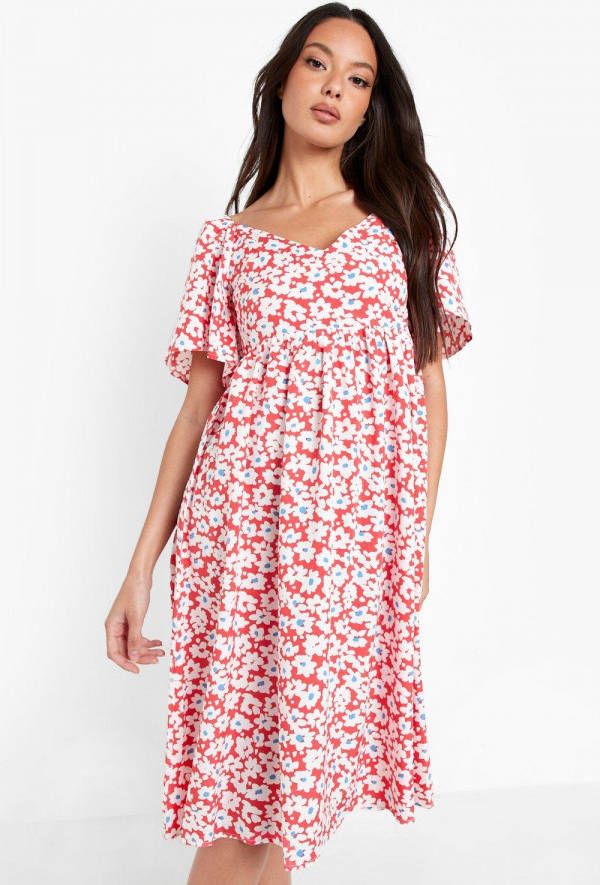 boohoo Zwierige Bloemen Midi Skater Jurk Met V Hals, Red