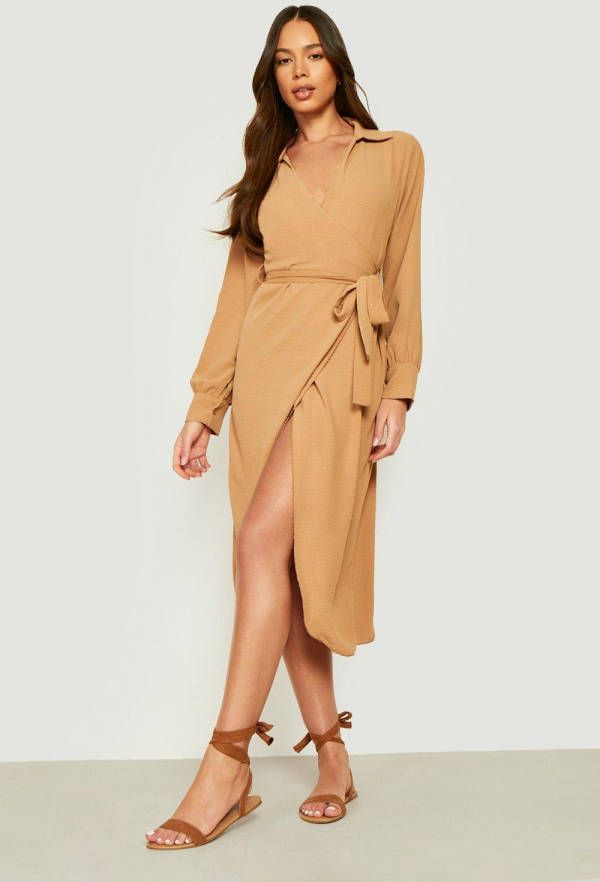 boohoo Wikkel Blouse Jurk Met Textuur En Ceintuur, Sand