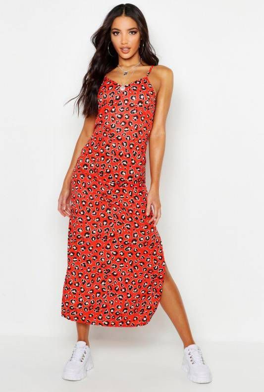 boohoo Geweven Luipaardprint Maxi Onderjurk, Rood