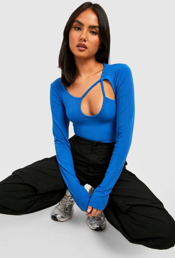 boohoo Zachte Asymmetrische Geribbelde Gebreide Cut Out One Piece, Cobalt
