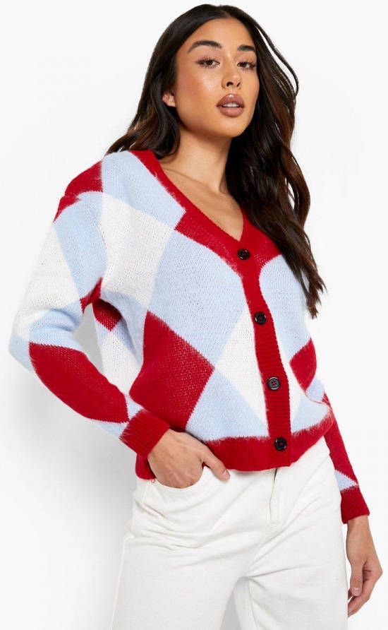 boohoo Zachte Gebreide Gekleurde Argyle Geruite Bolero, Red