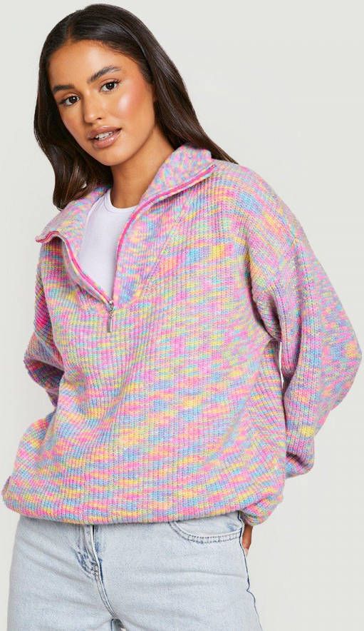 boohoo Zachte Gebreide Space Dye Trui Met Rits, Pink