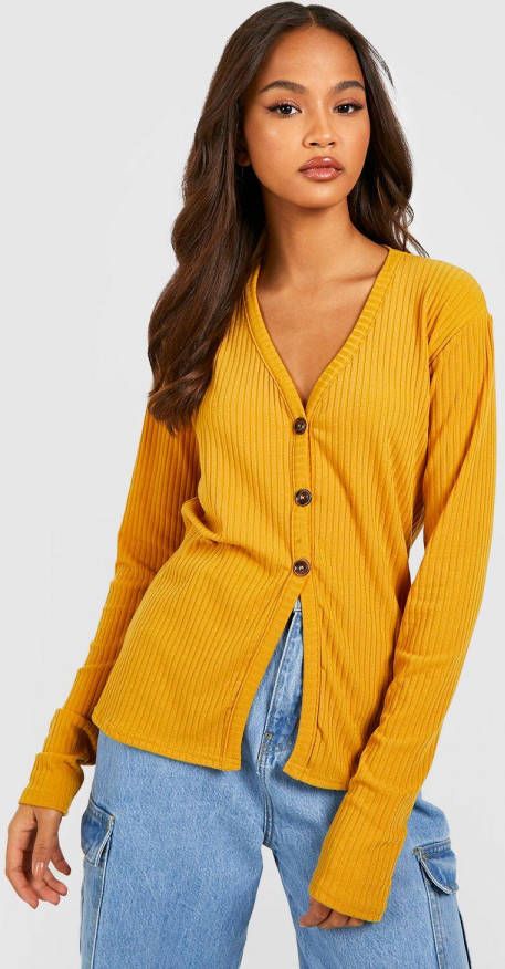 boohoo Zachte Geribbelde Gebreide Cardigan, Mustard