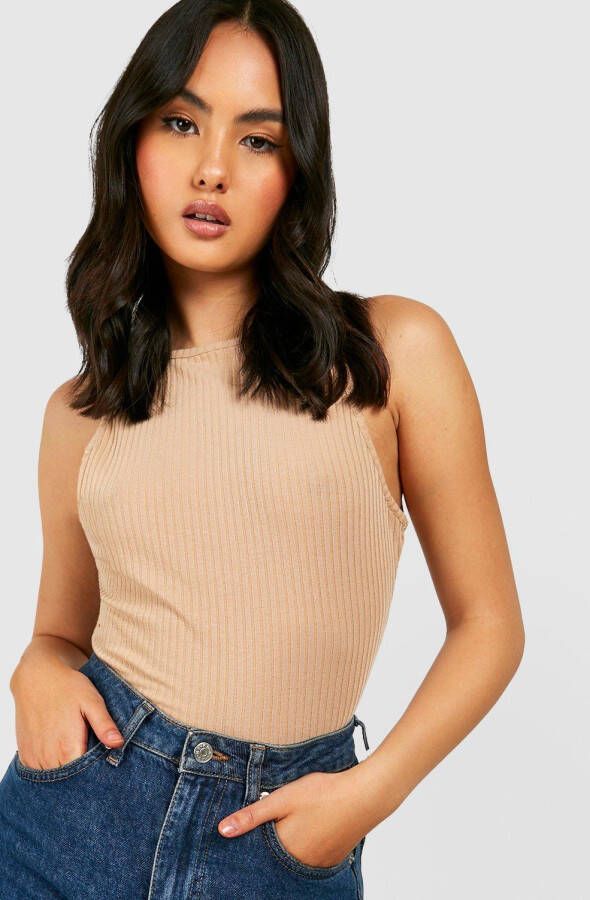 boohoo Zachte Geribbelde Gebreide Mouwloze Bodysiut Met Hoge Hals, Stone