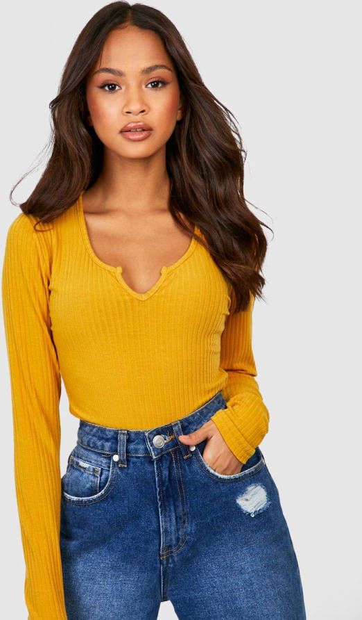 boohoo Zachte Geribbelde Gebreide One Piece Met Hals Inkeping, Mustard