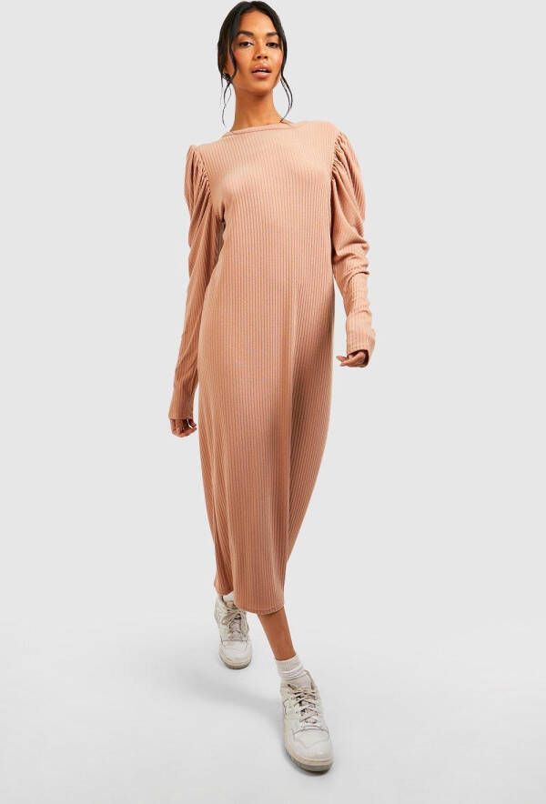 boohoo Zachte Geribbelde Midaxi Jurk Met Geplooide Mouwen, Stone