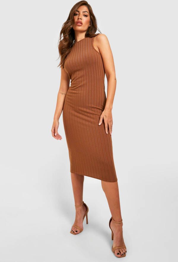 boohoo Zachte Geribbelde Midi Jurk Met Racer Hals, Mocha