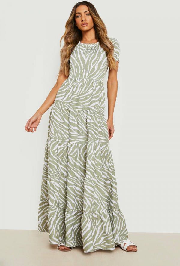 boohoo Zebraprint Maxi Jurk Met Laagjes, Khaki