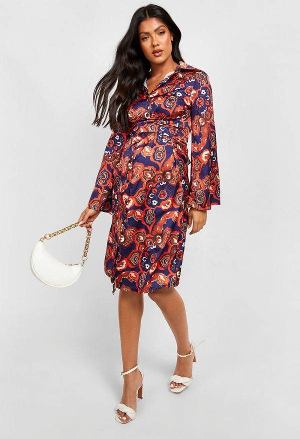 boohoo Zwangerschap Abstract Satijnen Midi Blouse Jurk Met Ceintuur, Navy