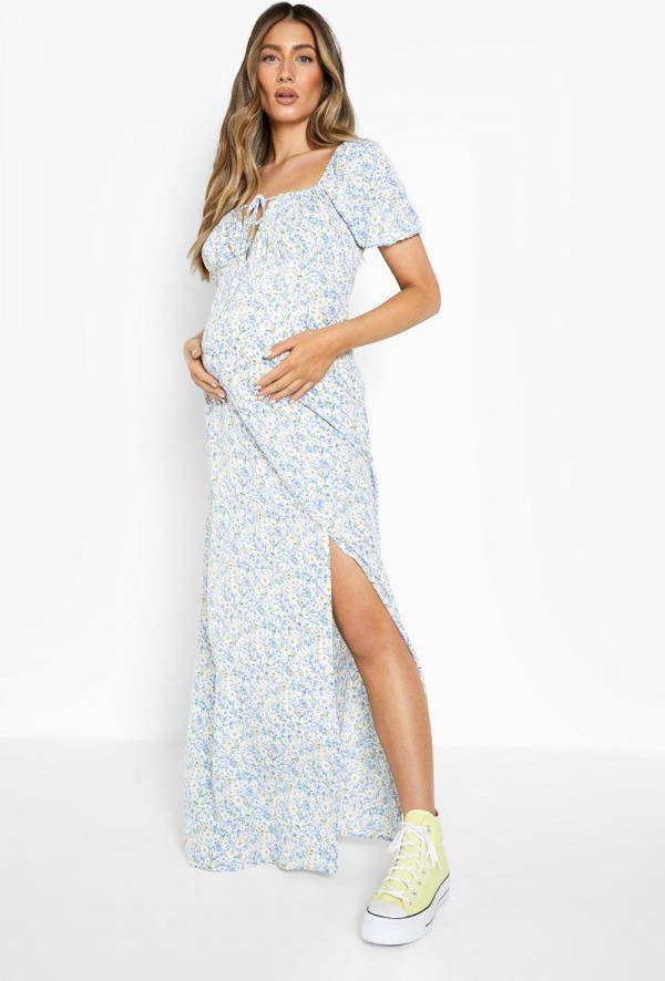 boohoo Zwangerschap Bloemen Maxi Jurk Met Strik, Blue