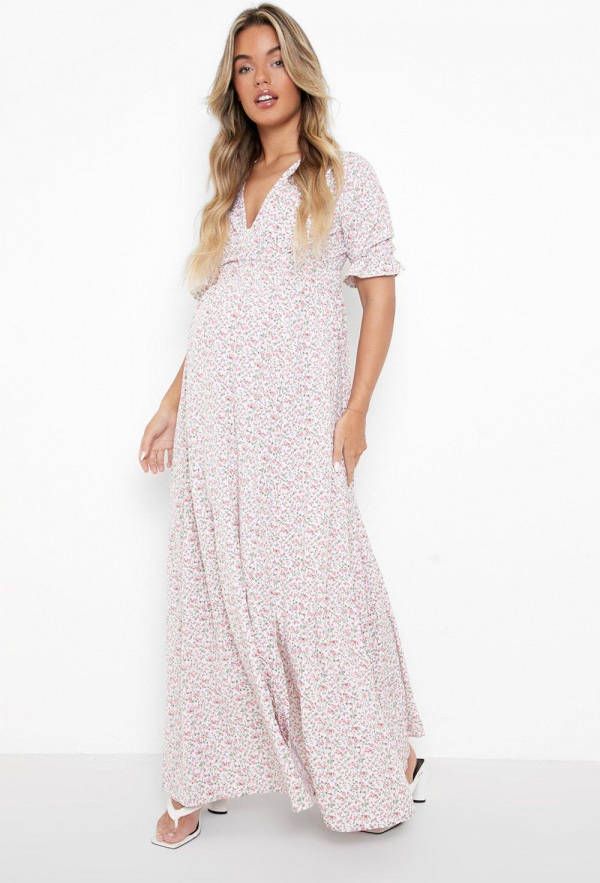 boohoo Zwangerschap Bloemenprint Maxi Jurk Met Pofmouwen, Pink