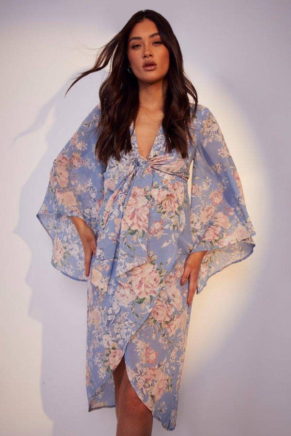 boohoo Zwangerschap Gelegenheids Bloemen Midi Wikkel Jurk Met Strik, Blue