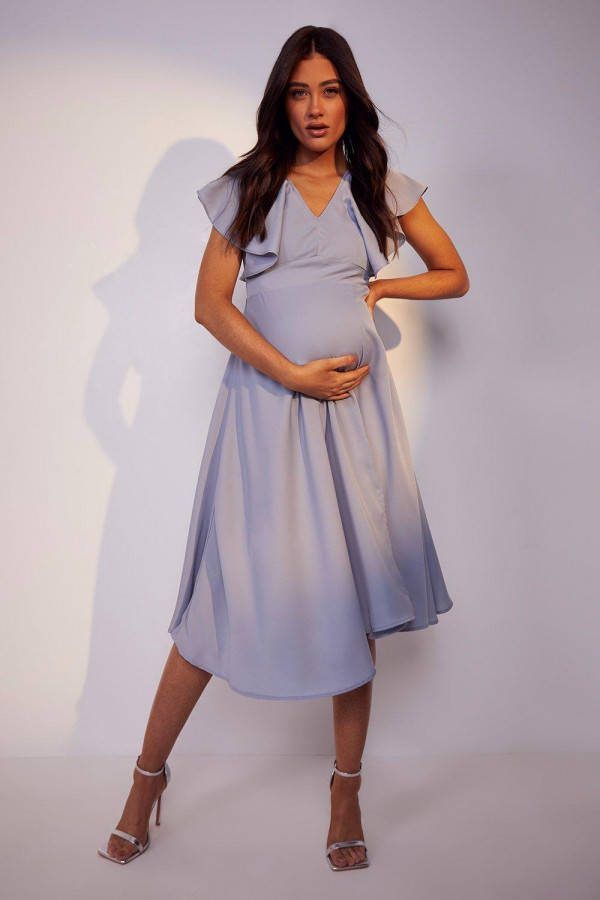 boohoo Zwangerschap Gelegenheids Midi Jurk Met Rug Strik En Franjes, Blue