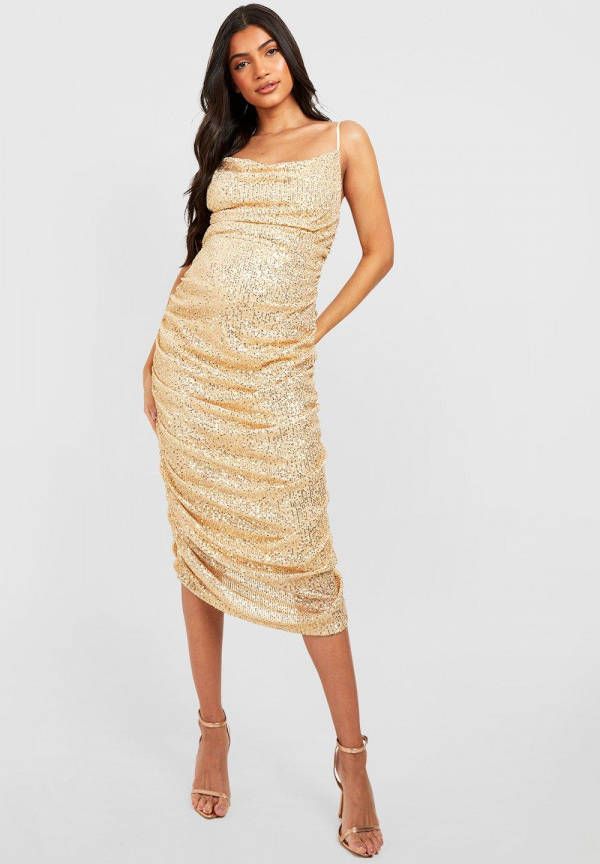 boohoo Zwangerschap Geplooide Glitter Midi Jurk Met Pailletten En Waterval Hals, Gold