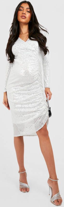 boohoo Zwangerschap Geplooide Glitter Midi Wikkel Jurk Met Pailletten, Silver