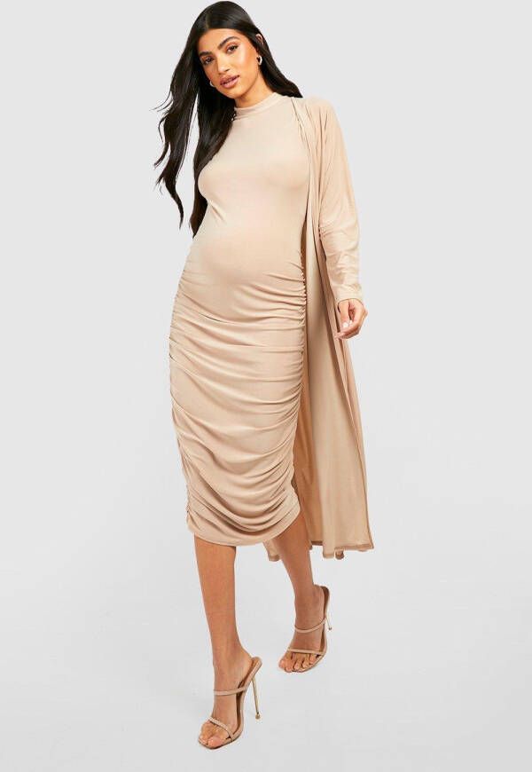 boohoo Zwangerschap Jurk Met Hoge Kraag En Duster Jas, Stone