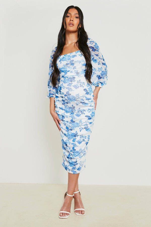 boohoo Zwangerschap Mesh Bloemen Midi Jurk Met Pofmouwen, Blue
