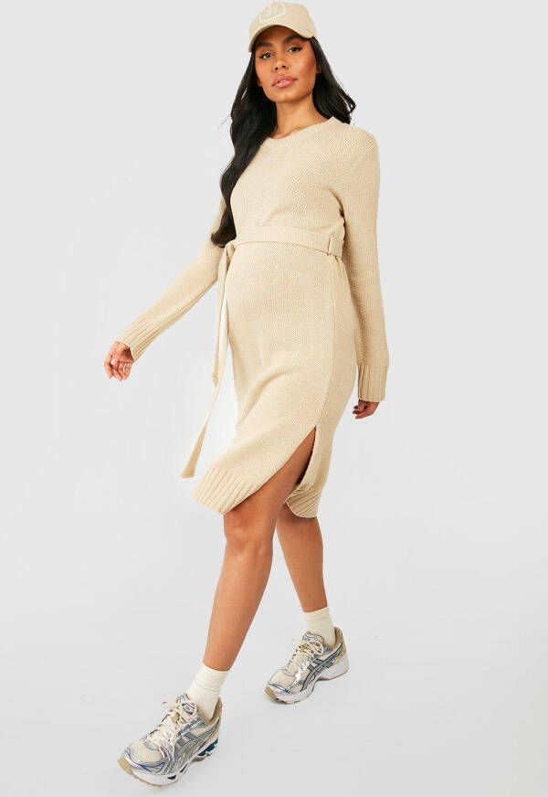 boohoo Zwangerschap Midi Trui Jurk Met Crewneck, Beige