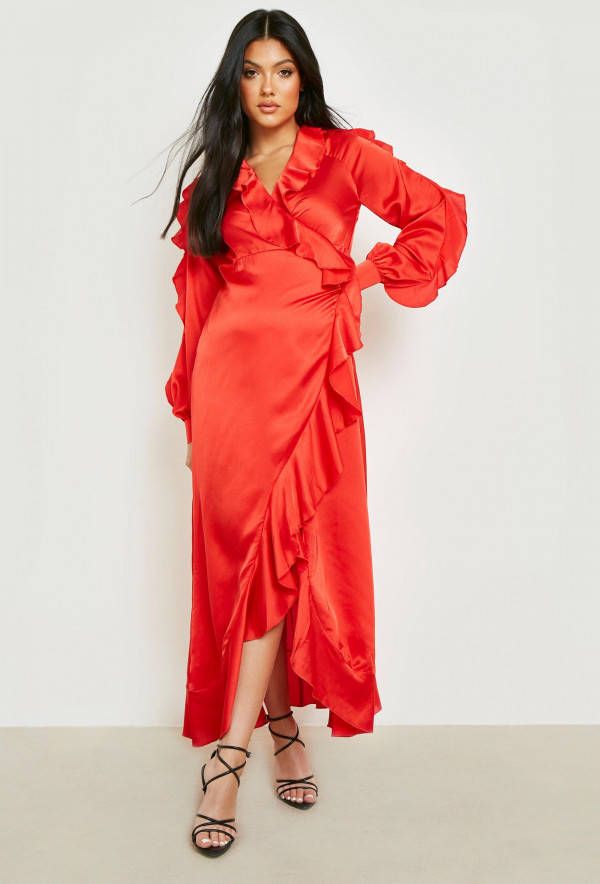 boohoo Zwangerschap Satijnen Maxi Wikkel Jurk Met Ruches, Red