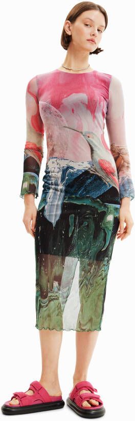 Desigual Slim fit midi jurk met tule en fantasieprint