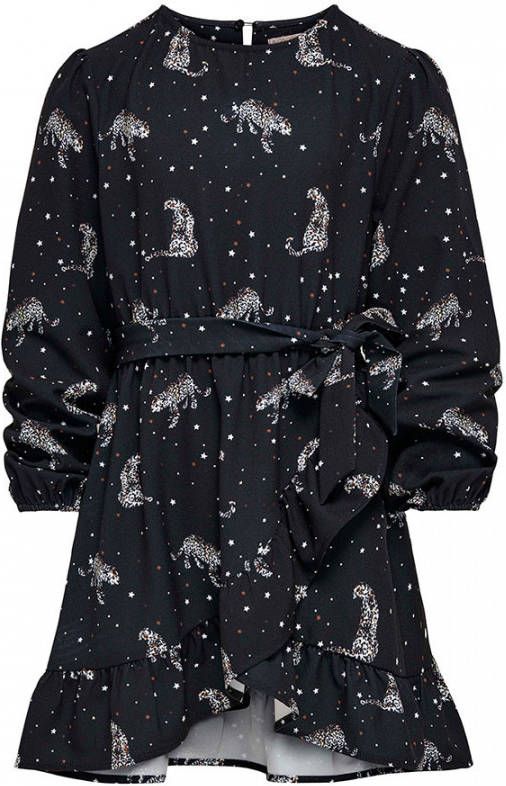 ONLY KIDS jurk KONRIKKE met dierenprint en volant zwart/wit