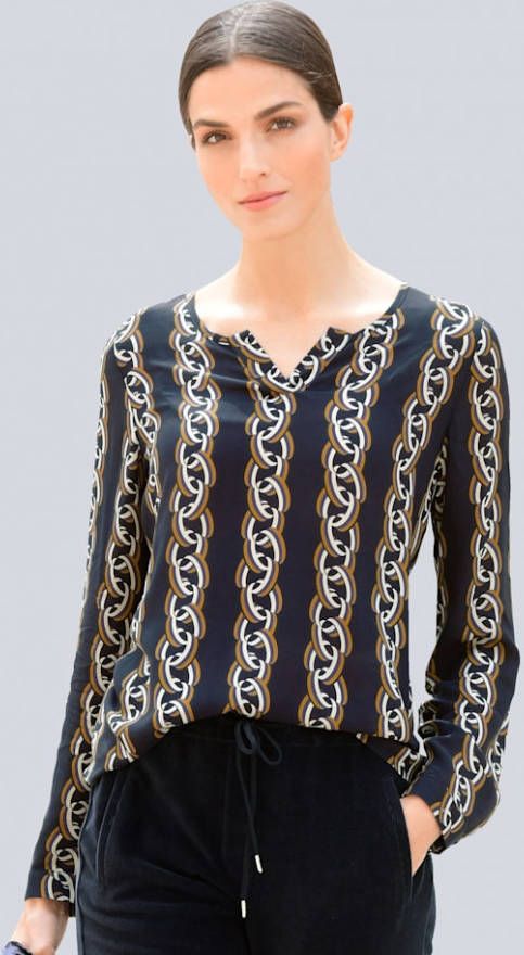 alba moda Blouse met grafisch dessin Marine/Mosterdgeel/Offwhite