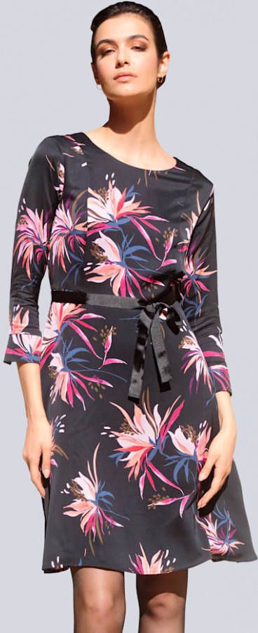 alba moda Jurk met bindceintuur Zwart/Pink/Koraal