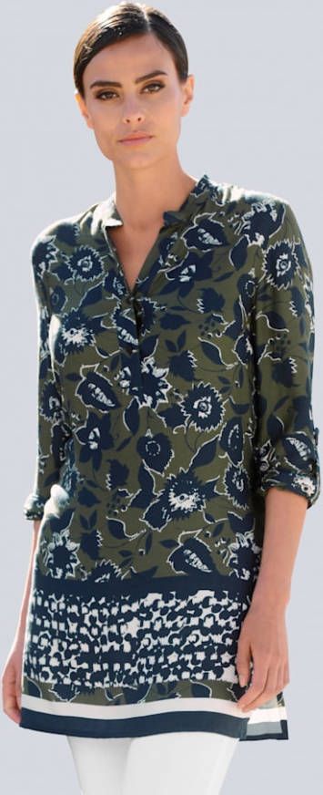 alba moda Lange blouse met galonprint Marine/Kaki