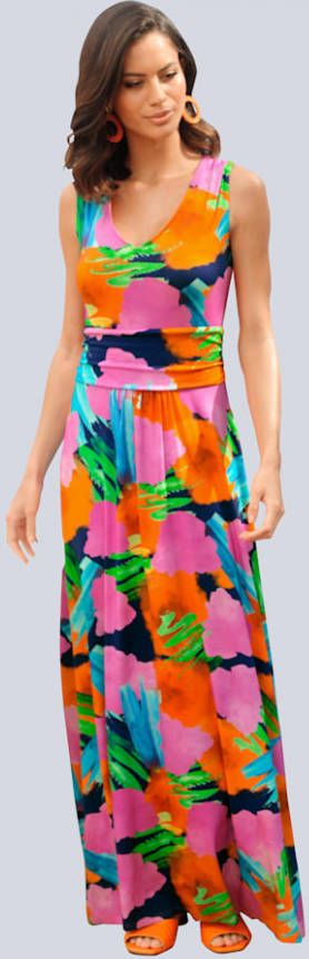 alba moda Maxi jurk met zomers bloemendessin allover Oranje/Blauw/Pink