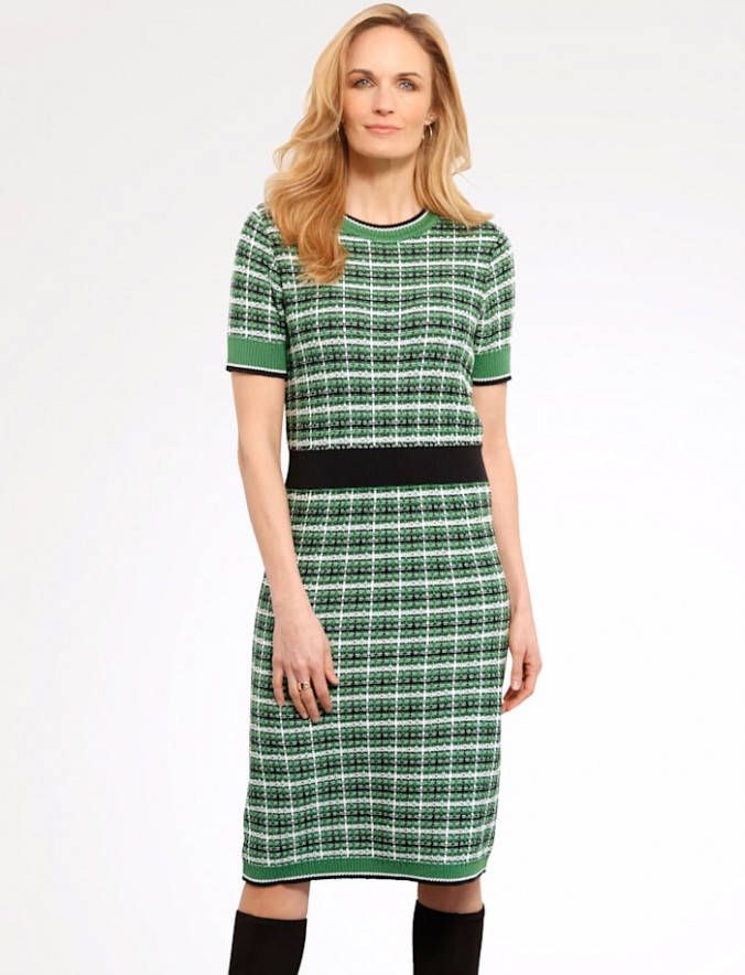 MONA Gebreide jurk met trendy ruitdessin Groen/Ecru/Marine