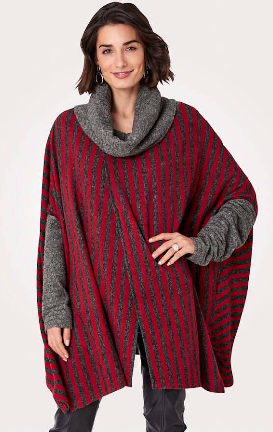 MONA Poncho van hoogwaardige jacquard Rood/Antraciet
