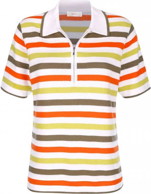 MONA Shirt polo gebreid met sportief streepdessin Wit/Oranje/Zachtgroen