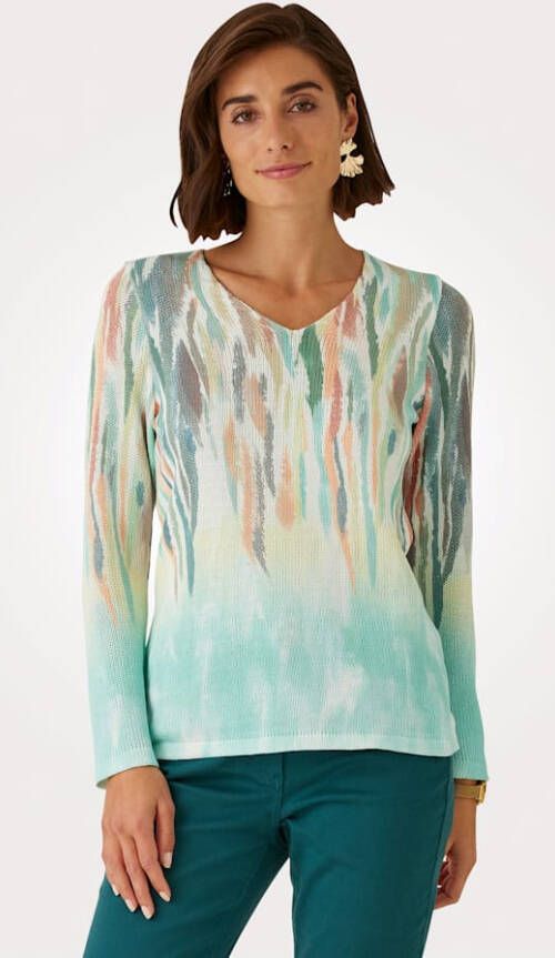 MONA Trui met grafische print Groen/Wit/Oranje