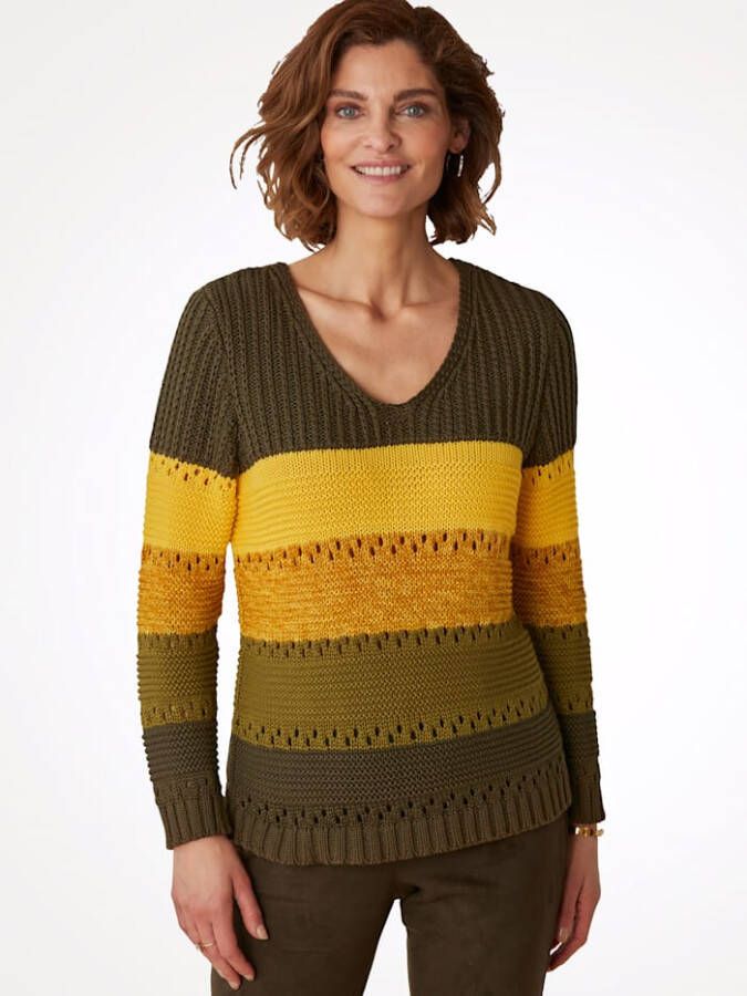 MONA Trui met subtiel ajourpatroon Geel/Mosgroen/Olijf