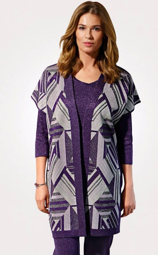 MONA Vest met grafisch jacquardpatroon Paars/Zilverkleur