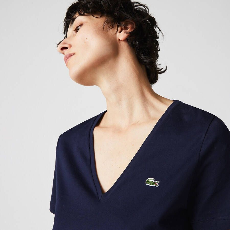 Lacoste T shirt dames T shirt met een V hals met logopatch op borsthoogte(1 delig )