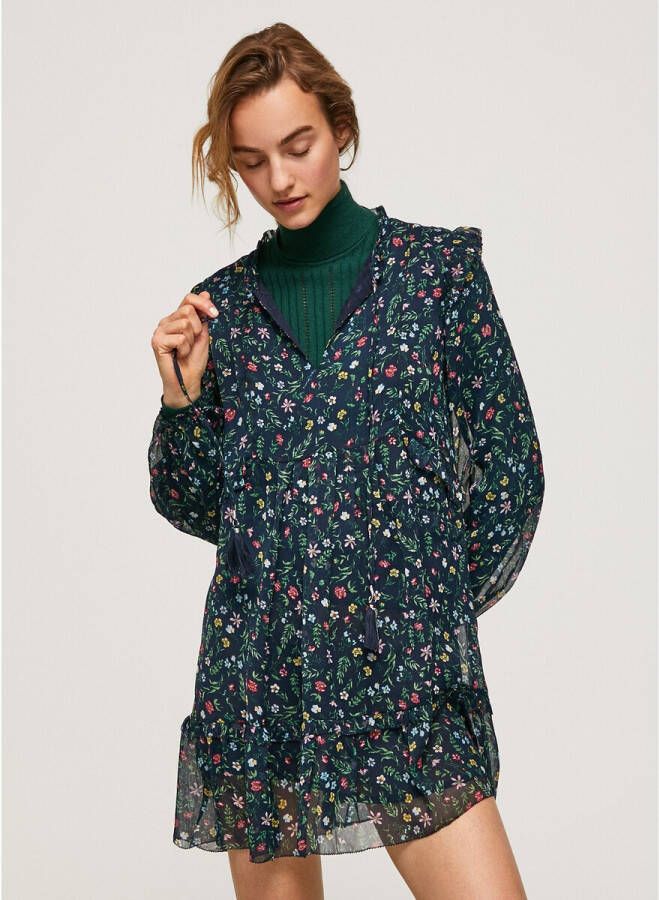 Pepe Jeans Babydolljurk Demi met gebloemde all over print en ruchedetails bij de hals en rok