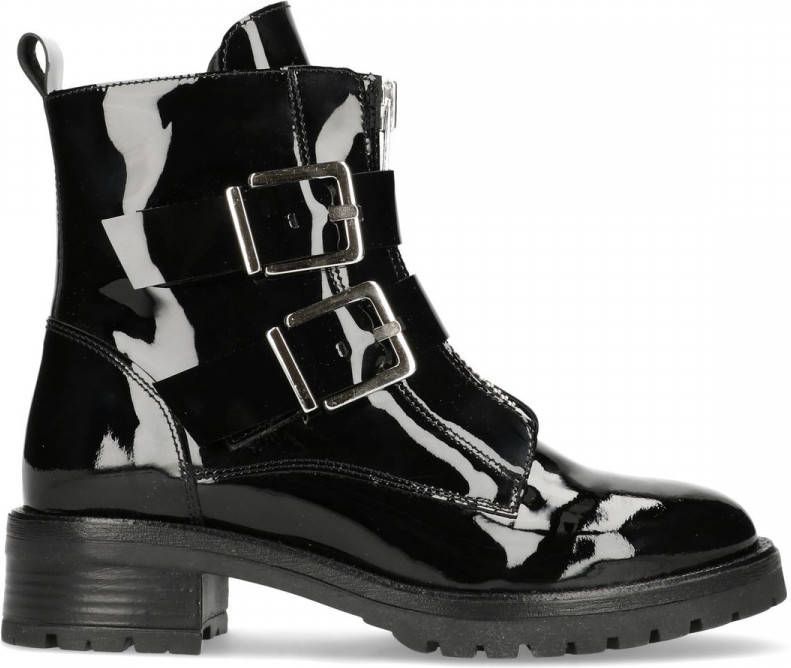 Manfield Lak zwarte biker boots met gespen