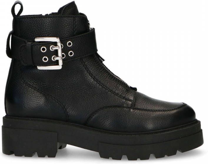 Manfield Zwarte biker boots met zilverkleurige gesp en rits