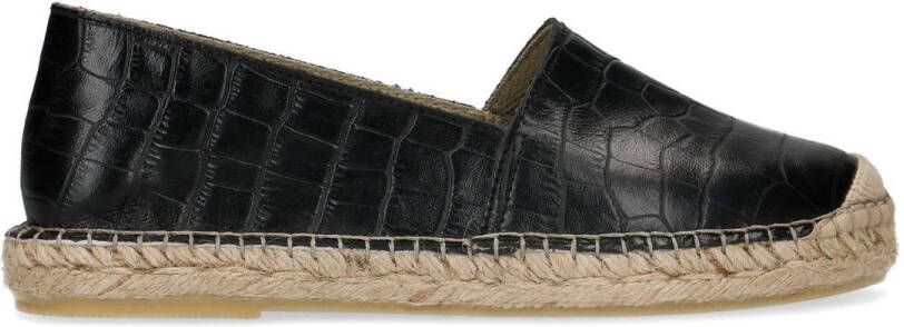 Manfield Zwarte leren espadrilles met crocoprint