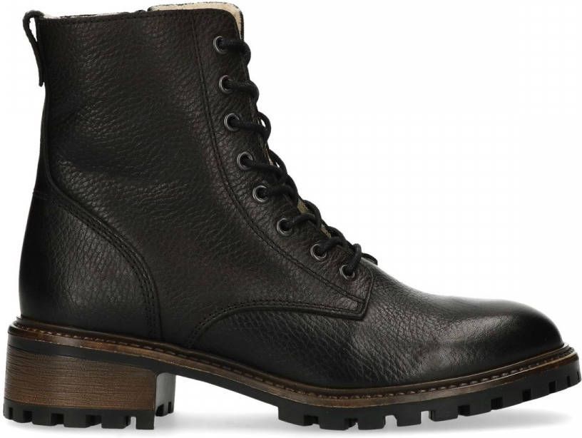 Manfield Zwarte leren veterlaarsjes met imitatiebont