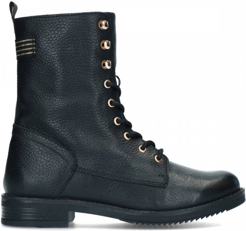 Manfield Zwarte leren veterlaarsjes met gouden details