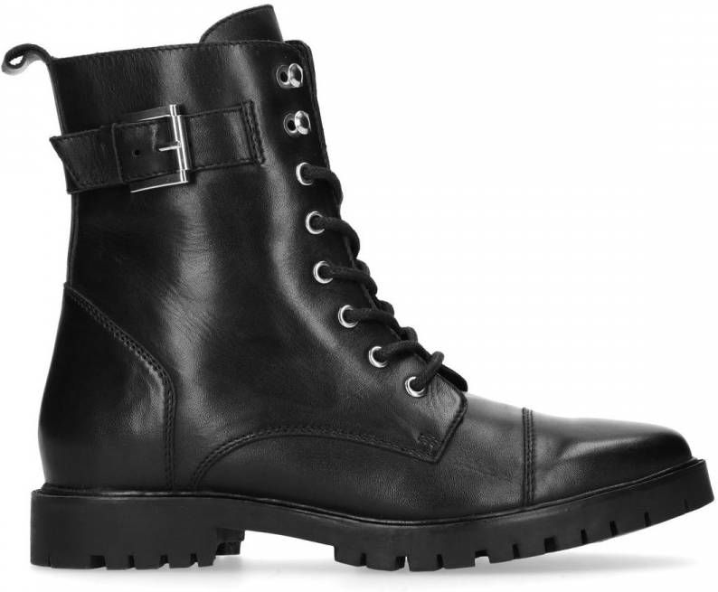 Manfield Zwarte leren veterlaarzen met gesp