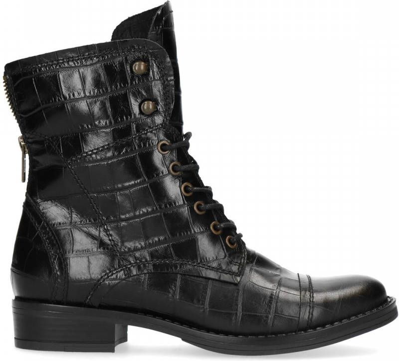 Manfield Zwarte veterlaarsjes met snakeskin