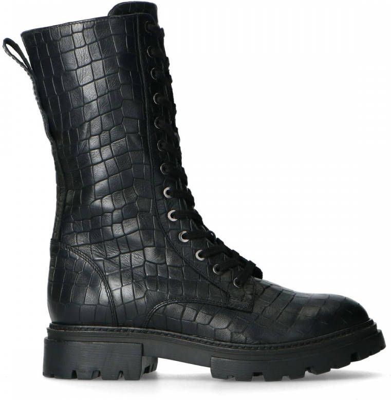 Manfield Zwarte veterlaarzen met crocoprint
